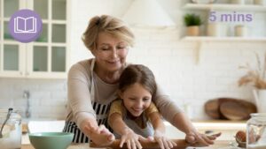 grandparent cooking with child for childcare during school holidays